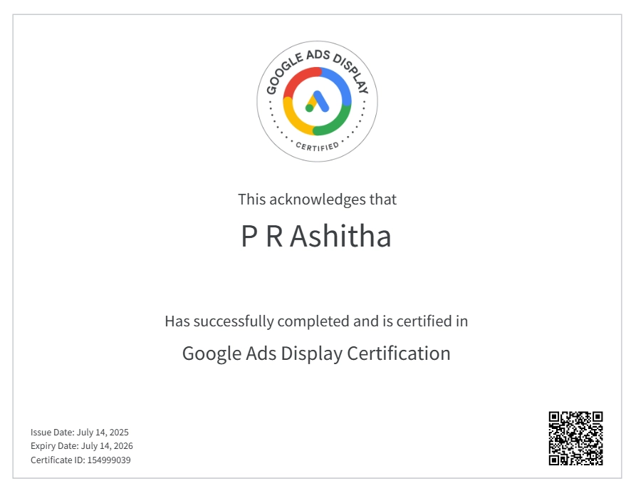 google ads display certification of freelance digital marketing analyst in kochi