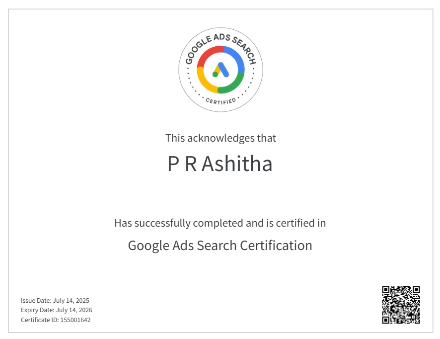 google ads search certification of freelance digital marketing analyst in kochi
