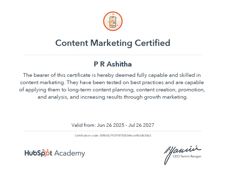 hubspot certification of freelance digital marketing analyst in kochi
