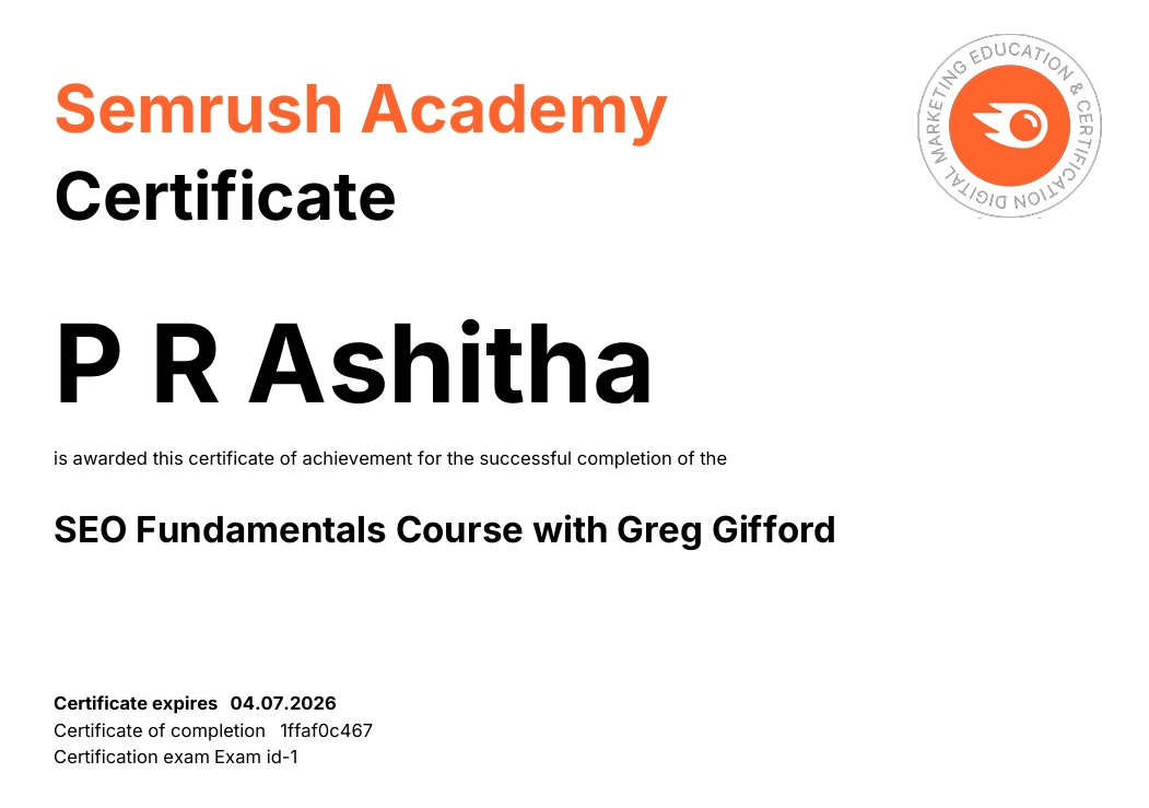 semrush certification of freelance digital marketing analyst in kochi
